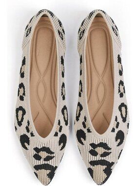 Women's Leopard Pointed Toe Knit Ballet Comfortable Dressy Slip On Flat Shoes